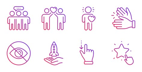 Clapping hands, Employees group and Crowdfunding line icons set. Not looking, Touchscreen gesture and Friends couple signs. Friend, Ranking star symbols. Clap, Collaboration. People set. Vector