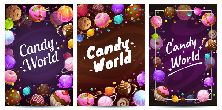 Candy world posters set. Sweets background templates.