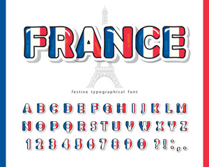 France cartoon font. French national flag colors. Paper cutout glossy ABC letters and numbers. Bright alphabet for tourism design. Eiffel tower silhouette. Vector