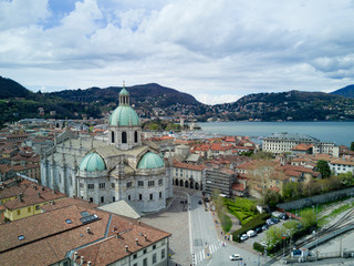 Obraz premium Aerial photo shooting with drone on Como, famous Lombardia city on the Como Lario Lake