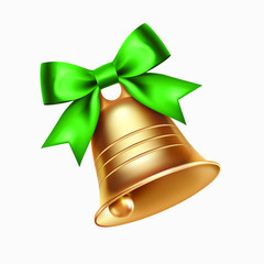 Golden metal bell with green bow isolated on a white background, Christmas symbol, school bell, vintage bell. 3D effect. Vector illustration. EPS10