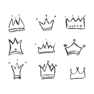 Set of vector hand drawn crowns with crayola texture
