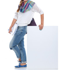Naklejka premium Beautiful student woman pointing on blank board. Student.