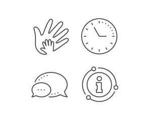 Hand line icon. Chat bubble, info sign elements. Social responsibility sign. Honesty, collaboration symbol. Linear social responsibility outline icon. Information bubble. Vector