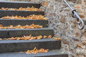 Autumn landscape with yellow leaves on the stairs. Romantic autumn background.