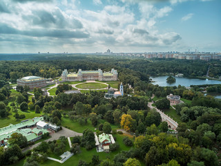 Grand palace of queen Catherine the Great in Tsaritsyno. Historical park Tsaritsyno is a landmark of Moscow. Aerial view