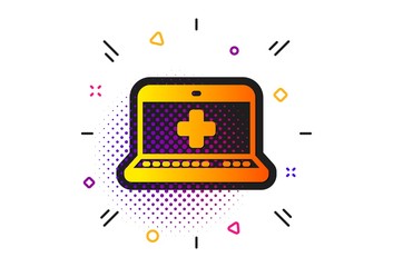 Online medical help sign. Halftone circles pattern. Medicine laptop icon. Classic flat medical help icon. Vector