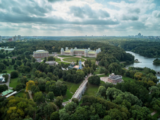 Grand palace of queen Catherine the Great in Tsaritsyno. Historical park Tsaritsyno is a landmark of Moscow. Aerial view