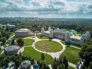 Grand palace of queen Catherine the Great in Tsaritsyno. Historical park Tsaritsyno is a landmark of Moscow. Aerial view