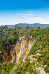 Beautiful view of the most famous waterfalls in the sunshine in Plitvice National Park, Croatia
