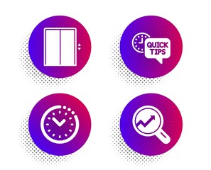 Quick tips, Time management and Lift icons simple set. Halftone dots button. Analytics sign. Helpful tricks, Office clock, Elevator. Audit analysis. Technology set. Vector