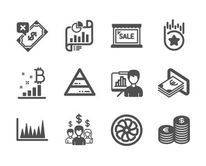 Set of Finance icons, such as Salary employees, Rejected payment, Presentation board, Fan engine, Bitcoin graph, Sale, Currency, Report document, Cash, Loyalty star, Line graph. Vector