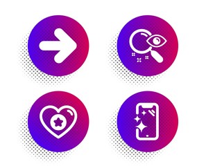 Search, Heart and Next icons simple set. Halftone dots button. Smartphone clean sign. Find document, Star rating, Forward. Phone screen. Technology set. Classic flat search icon. Vector