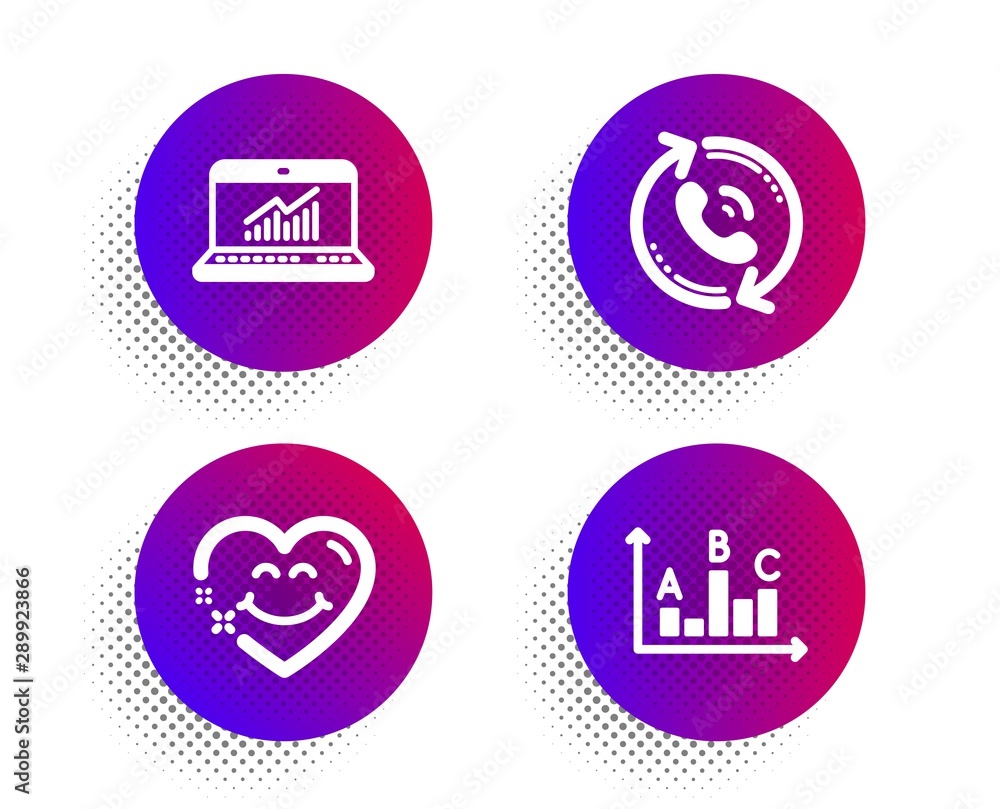 Poster smile face, call center and online statistics icons simple set. halftone dots button. survey results