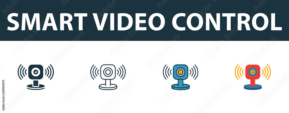 Poster smart video control icon set. four simple symbols in diferent styles from smart home icons collectio