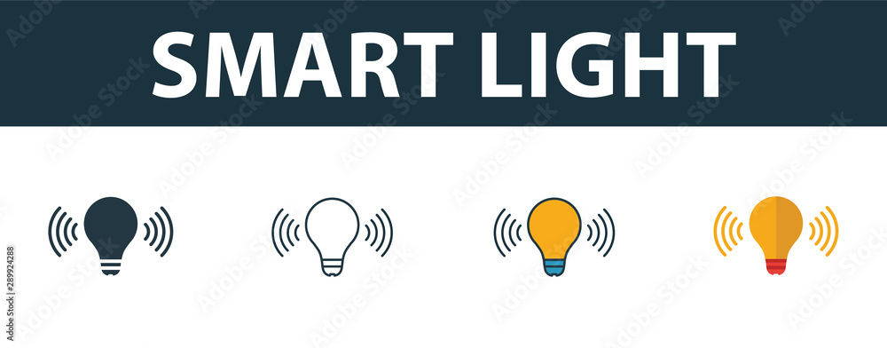 Poster smart light icon set. four simple symbols in diferent styles from smart home icons collection. creat