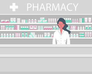 Web banner of a pharmacist. Young woman in the workplace in a pharmacy: standing in front of shelves with medicines. Flat and funky style. Vector illustration