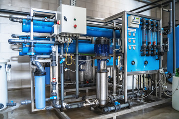 System of automatic treatment and multi-level filtration of drinking water produced from well. Plant or factory for production of purified drinking water - obrazy, fototapety, plakaty