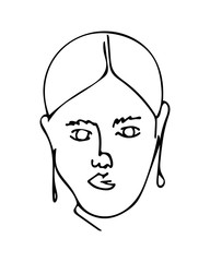 Linear abstract woman face with earrings. Continuous line art. One line drawing. Minimalist graphic.