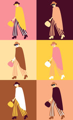 Trendy poster with fashion woman  dressed in coat, hat, sunglasses, striped trousers. Bright print
