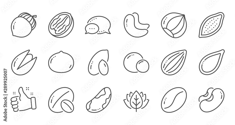 Wall mural nuts and seeds line icons. hazelnut, almond nut and peanut. walnut, brazil nut, pistachio icons. cac