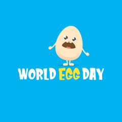 World egg day greeting card with vector funny cartoon cute smiling tiny egg character isolated on blue background. Egg day poster or banner