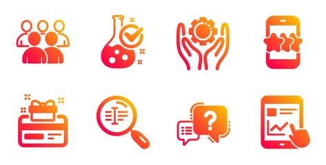 Search text, Group and Star line icons set. Employee hand, Chemistry lab and Question mark signs. Loyalty card, Internet report symbols. Find word, Developers. Technology set. Vector