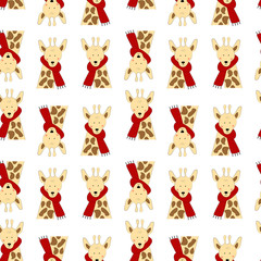 Seamless pattern with cat in sweater and puppy in Santa's hat. Art for children illustration, holiday packing.
