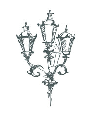 Hand drawn vintage street lamp. Sketch.