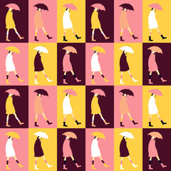 Autumn seamless pattern  with woman with umbrella. Cozy  print in pop style design