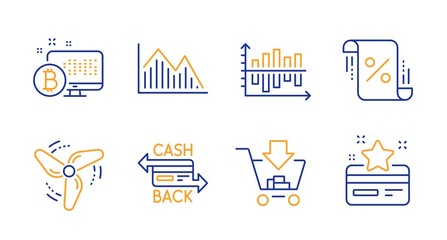 Cashback card, Investment graph and Diagram chart line icons set. Loan percent, Shopping and Wind energy signs. Bitcoin system, Loyalty card symbols. Money payment, Investment infochart. Vector