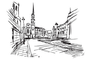 Rysynek ręcznie rysowany. Widok na ulicę w Wiedniu w Austrii