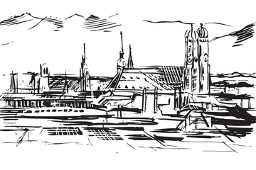 Rysynek ręcznie rysowany. Panorama Monachium w Bawarii W Niemczech - obrazy, fototapety, plakaty