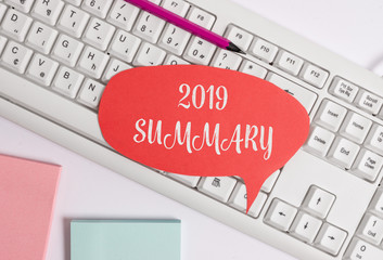 Writing note showing 2019 Summary. Business concept for brief comprehensive especially covering the...