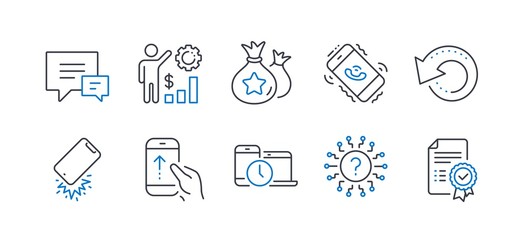 Set of Technology icons, such as Smartphone broken, Question mark, Time management, Loyalty points, Swipe up, Comment, Call center, Employees wealth, Recovery data, Certificate line icons. Vector