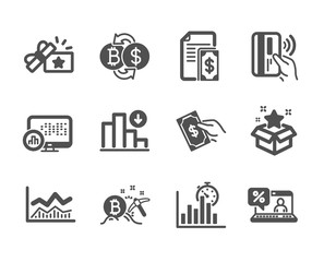 Set of Finance icons, such as Report timer, Bitcoin exchange, Trade infochart, Contactless payment, Loyalty gift, Pay money, Online loan, Loyalty program, Payment, Report statistics. Vector