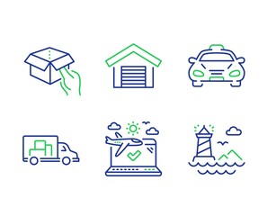 Parking garage, Truck transport and Airplane travel line icons set. Hold box, Taxi and Lighthouse signs. Car place, Delivery, Check in. Delivery parcel. Transportation set. Vector