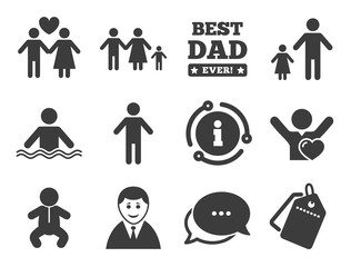 Swimming pool, love and children signs. Discount offer tag, chat, info icon. People, family icons. Best dad, father and mother symbols. Classic style signs set. Vector