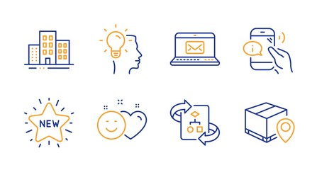 Fototapeta premium Buildings, Technical algorithm and Smile line icons set. Idea, E-mail and New star signs. Call center, Parcel tracking symbols. Town apartments, Project doc. Business set. Line buildings icon. Vector