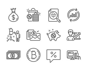 Set of Finance icons, such as Update data, Accounting report, Money bag, Shopping bags, Success business, Bitcoin project, Piggy sale, Analytics chart, Online payment, Discount message. Vector