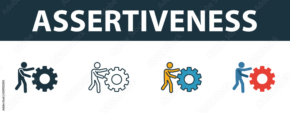Poster assertiveness icon set. four simple symbols in diferent styles from soft skills icons collection. cr