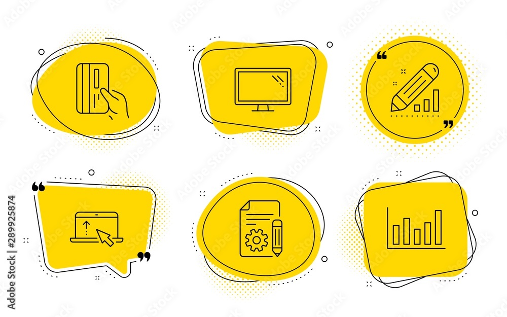 Poster payment card, swipe up and column chart signs. chat bubbles. documentation, monitor and edit statist