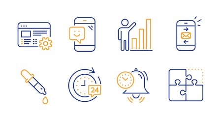 Web settings, Graph chart and Time management line icons set. Chemistry pipette, 24h delivery and Smile signs. Mail, Puzzle symbols. Engineering tool, Growth report. Technology set. Vector