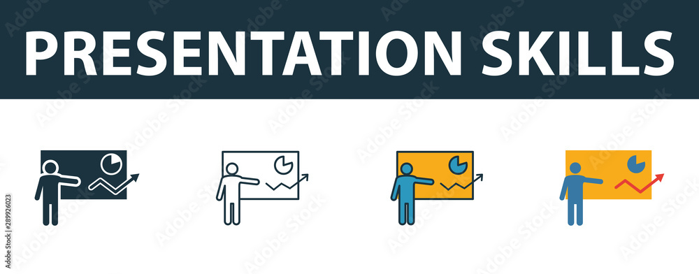 Poster presentation skills icon set. four simple symbols in diferent styles from soft skills icons collecti