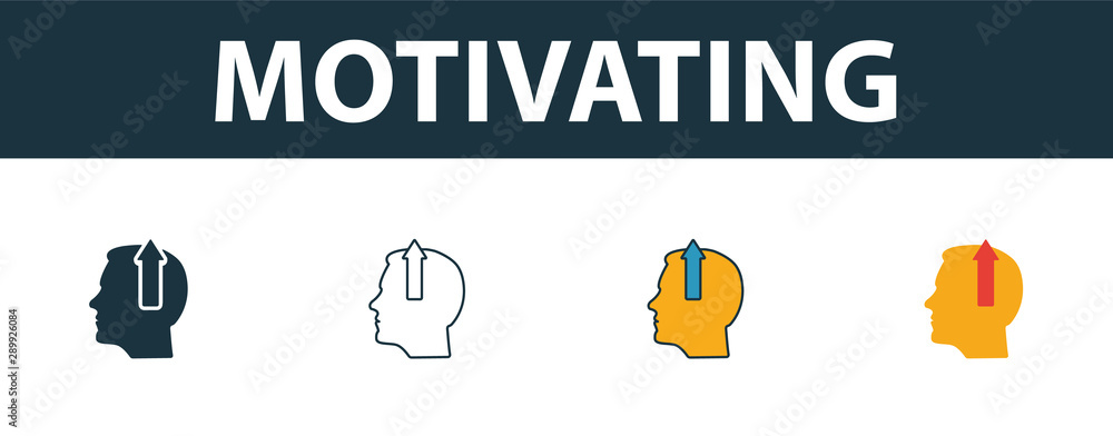 Poster motivating icon set. four simple symbols in diferent styles from soft skills icons collection. creat