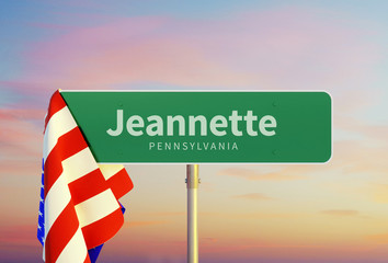 Jeannette – Pennsylvania. Road or Town Sign. Flag of the united states. Sunset oder Sunrise Sky. 3d rendering