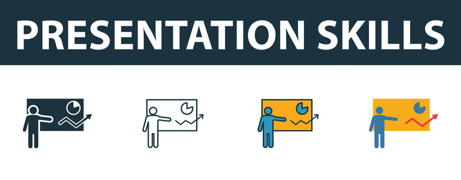 Presentation Skills icon set. Four simple symbols in diferent styles from soft skills icons collection. Creative presentation skills icons filled, outline, colored and flat symbols