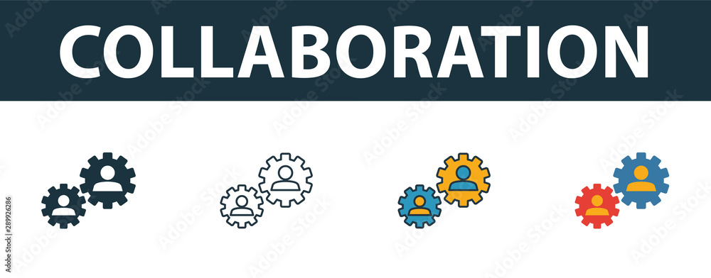 Aufkleber collaboration icon set. four simple symbols in diferent styles from soft skills icons collection. cr