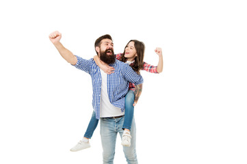 Fototapeta premium Happiness being father of girl. Holiday celebration. Active leisure. Fathers day. Father example noble human. Father little daughter. Best friends. Dad strong piggybacking adorable child. Having fun