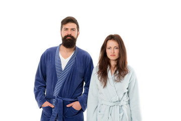 Hard morning. Couple sleepy faces yawning clothes for sleep. Insomnia effects. Sleepy people white background. Couple in love bathrobes. Sleep disorders. Drowsy and weak in morning. Morning routine